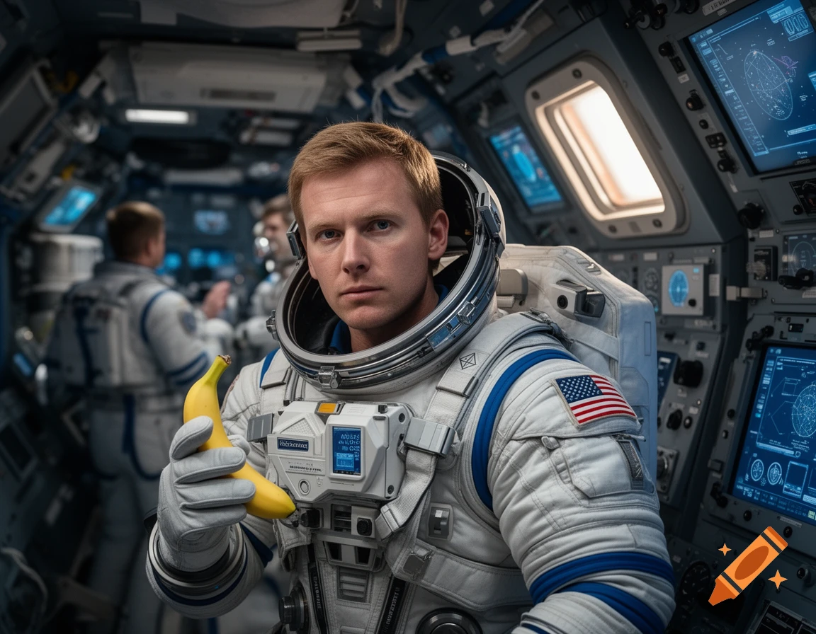 A photorealistic image of an astronaut in a white spacesuit, with an American flag patch, holding a banana inside a spacecraft cockpit.