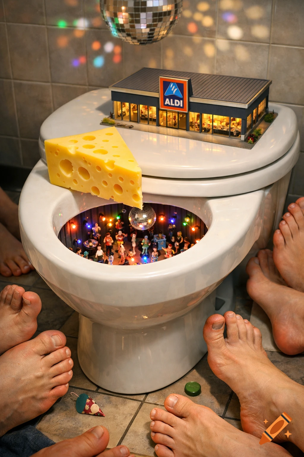 A surreal, photorealistic image of a miniature disco party in a toilet bowl, a miniature Aldi store on the lid, a cheese wedge, and bare feet.