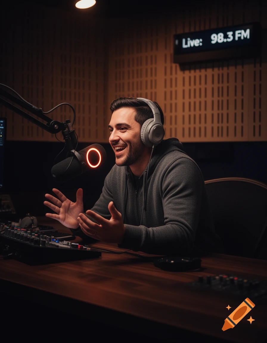 A smiling man wearing headphones gestures in a dimly lit radio studio with a microphone and mixing board, displaying "Live: 98.3 FM".