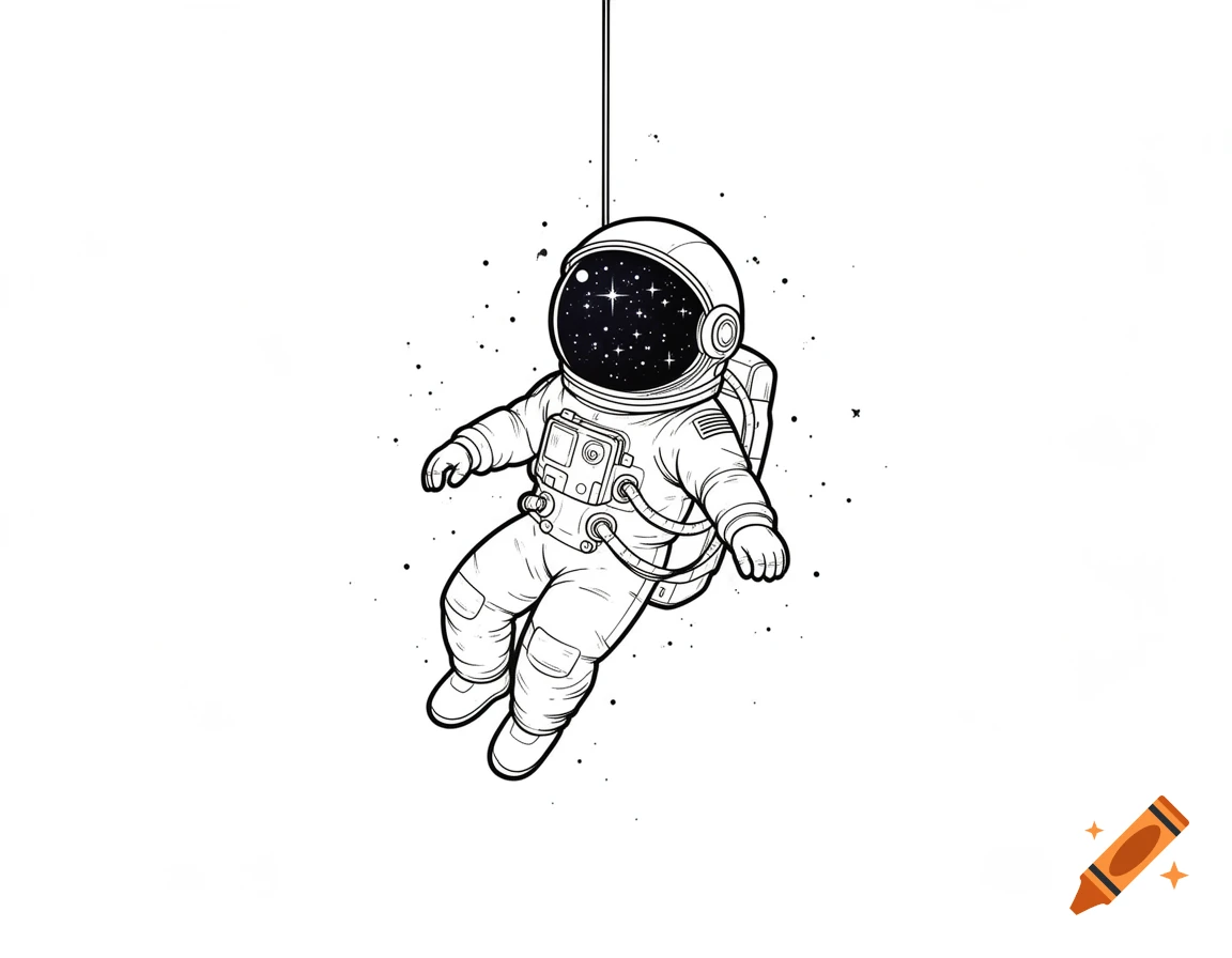 A simple black and white line art illustration of a tiny astronaut floating in space, with stars reflected in the helmet visor.