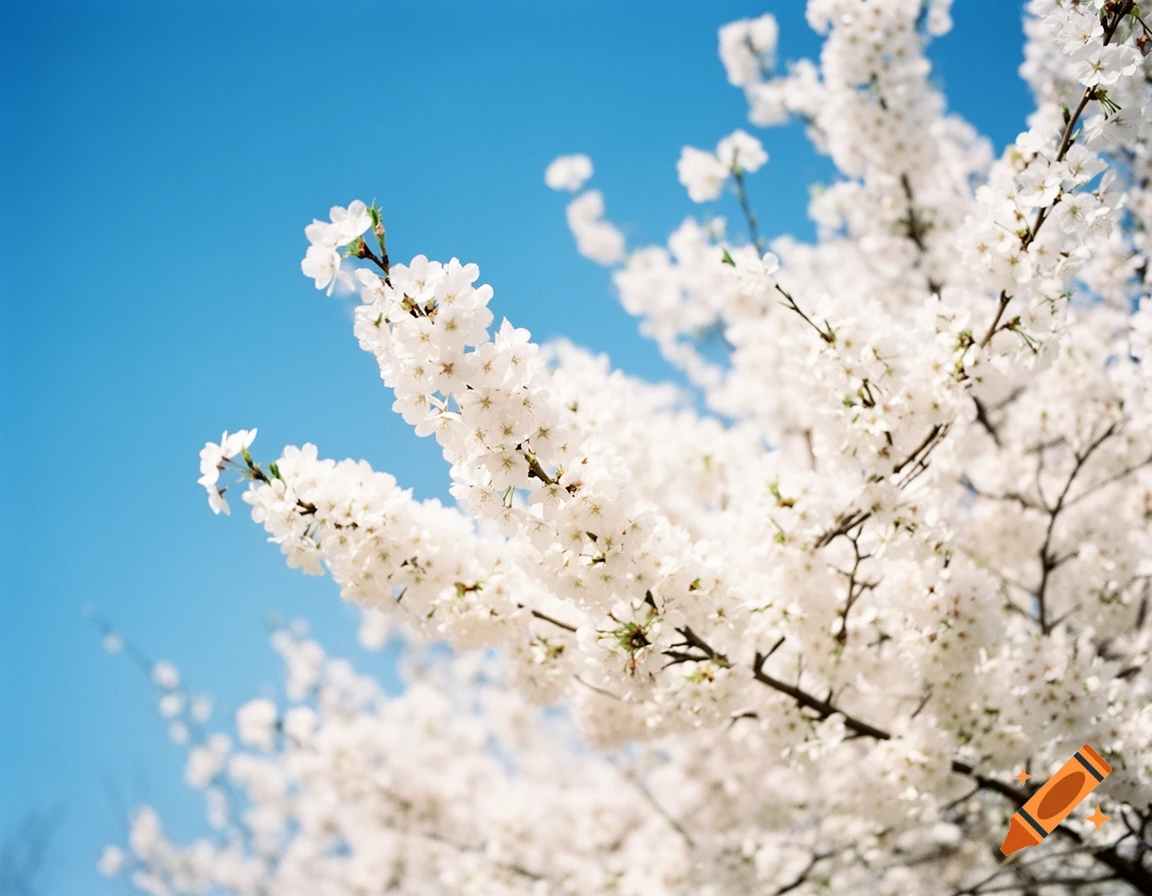 Close-up of white cherry blossoms on branches against a clear blue sky.
