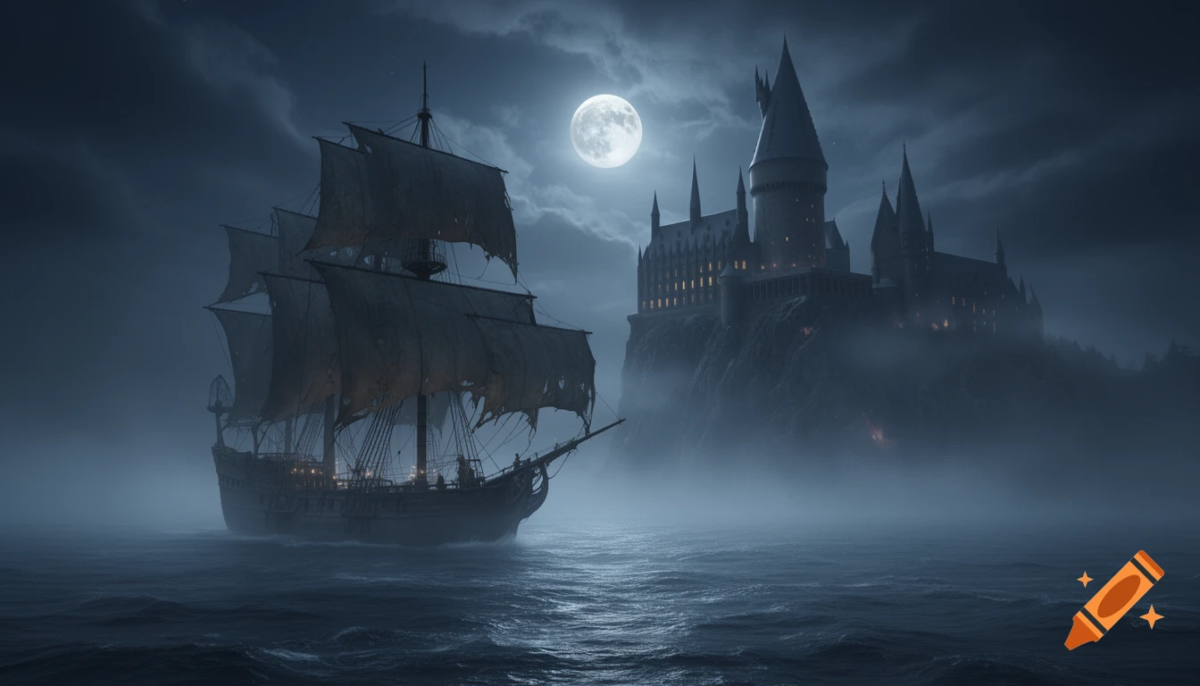 An ancient sailing ship with tattered sails glides on a foggy sea at night, with a majestic, glowing castle on cliffs under a full moon.