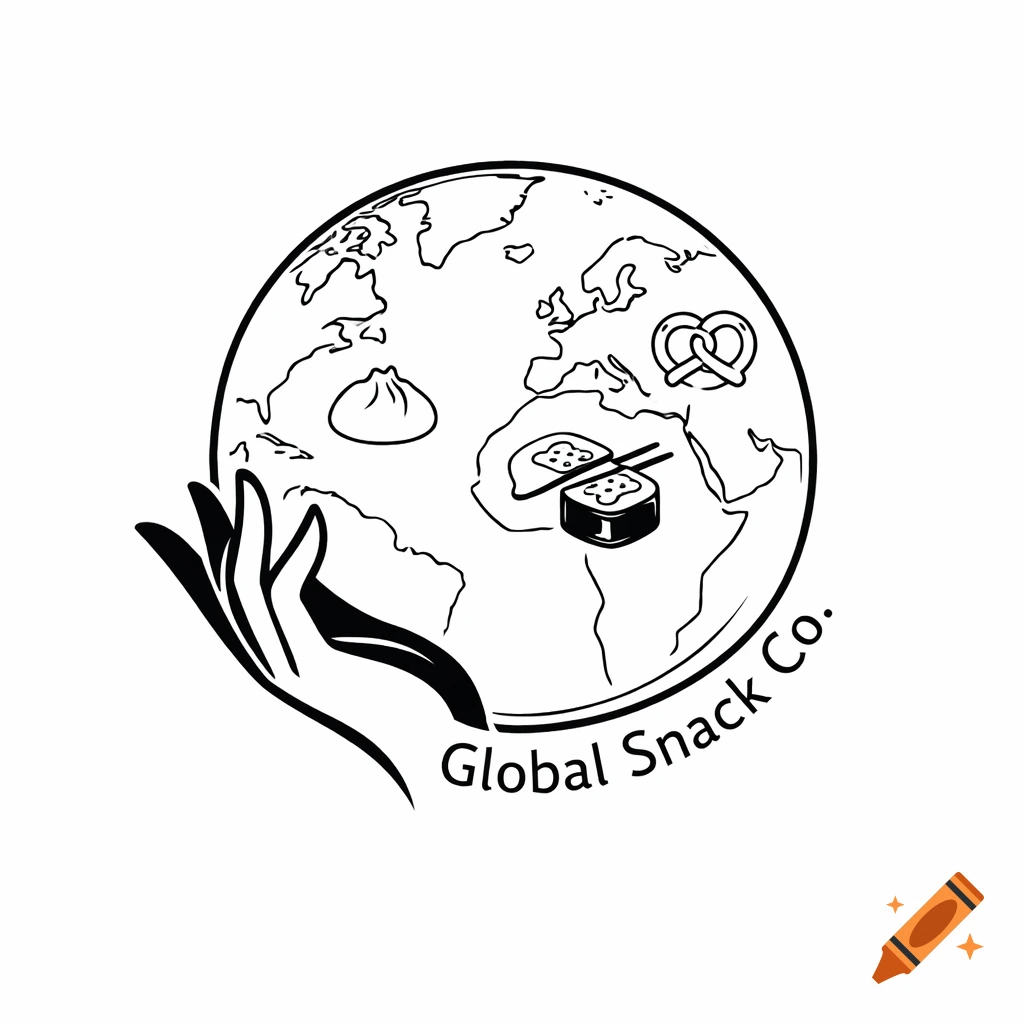 A minimalist black and white logo featuring a hand cradling a globe with outlines of a dumpling, sushi, and a pretzel. Text reads "Global Snack Co."