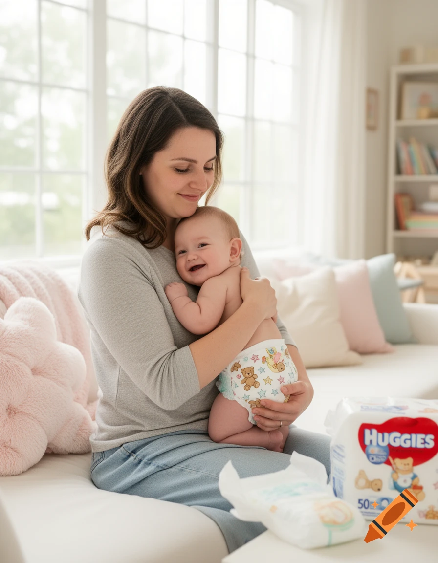 A woman smiles holding a laughing baby in a printed diaper, with Huggies packaging on a white table in a bright room.