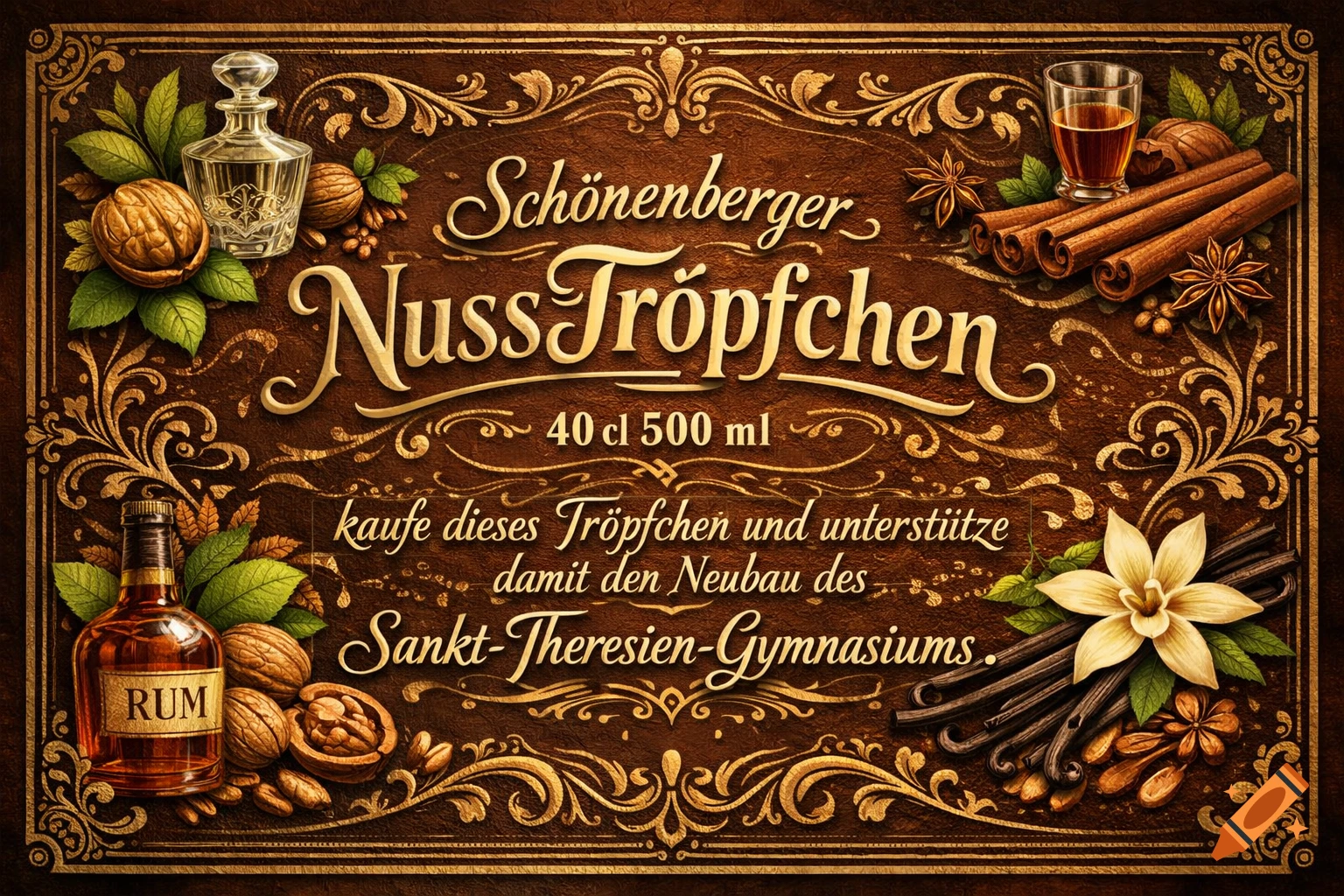 An ornate, dark brown and gold vintage-style label for "Schönenberger NussTröpfchen" walnut liqueur, featuring walnuts, cinnamon sticks, vanilla pods, a rum bottle, and a decanter.