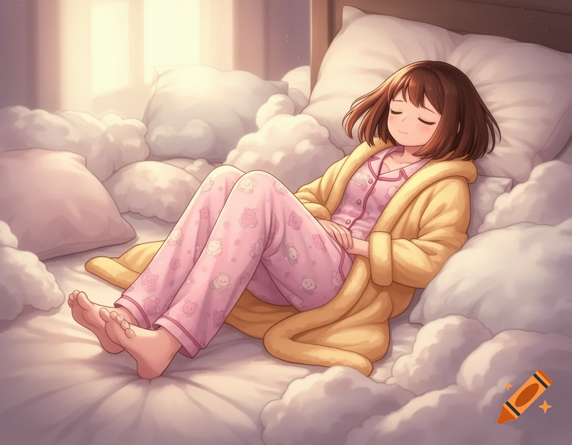 Anime art of Ochako Uraraka sleeping soundly in a cozy bed, dressed in pink pajamas and a yellow robe, with bare feet.