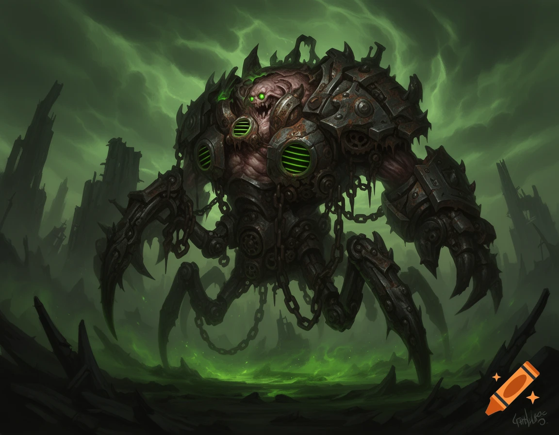 A monstrous, mechanical creature with glowing green eyes, heavy armor, and multiple spider-like limbs stands in a desolate, toxic green landscape.