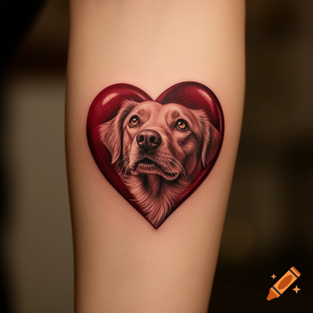 A realistic tattoo of a Golden Retriever's head looking upwards, set within a vibrant red heart, on a person's forearm.