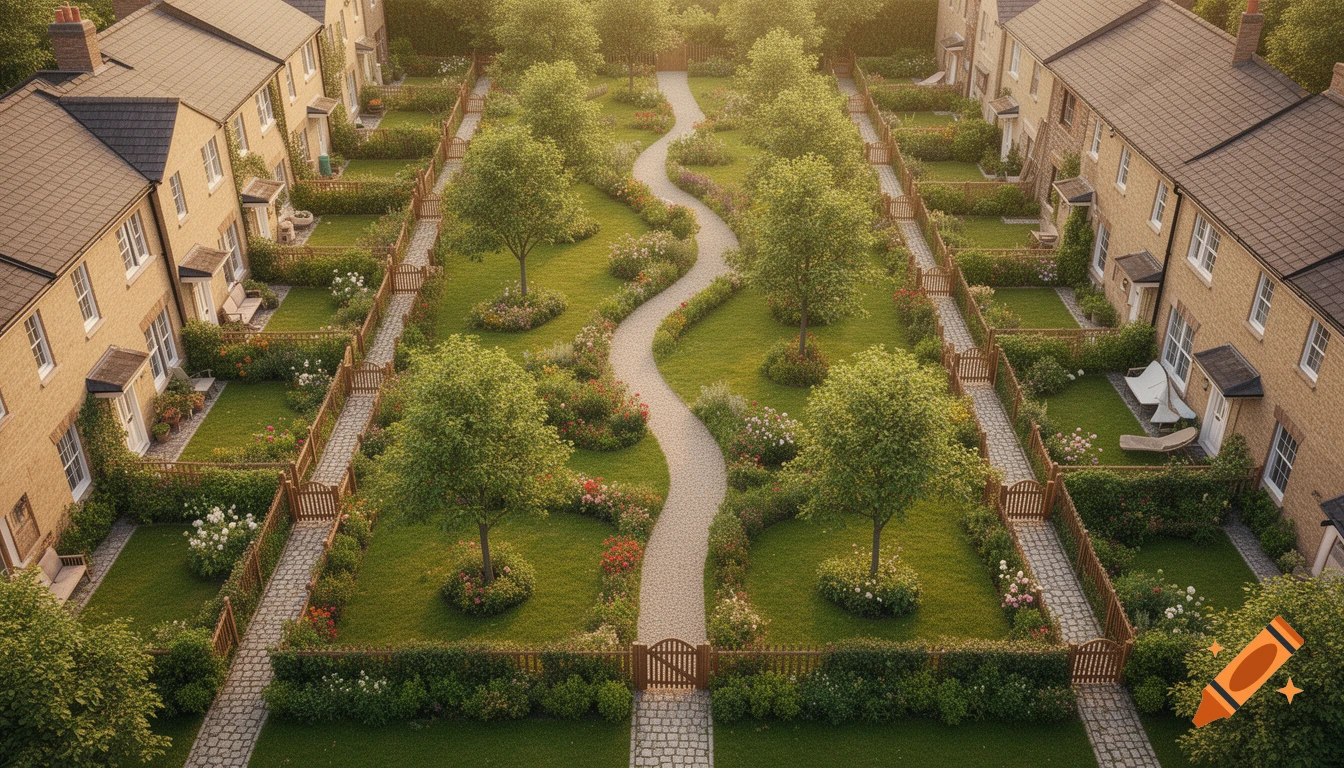 Aerial view of beige row houses with small private gardens opening to a large winding communal garden path, trees, and flowers.