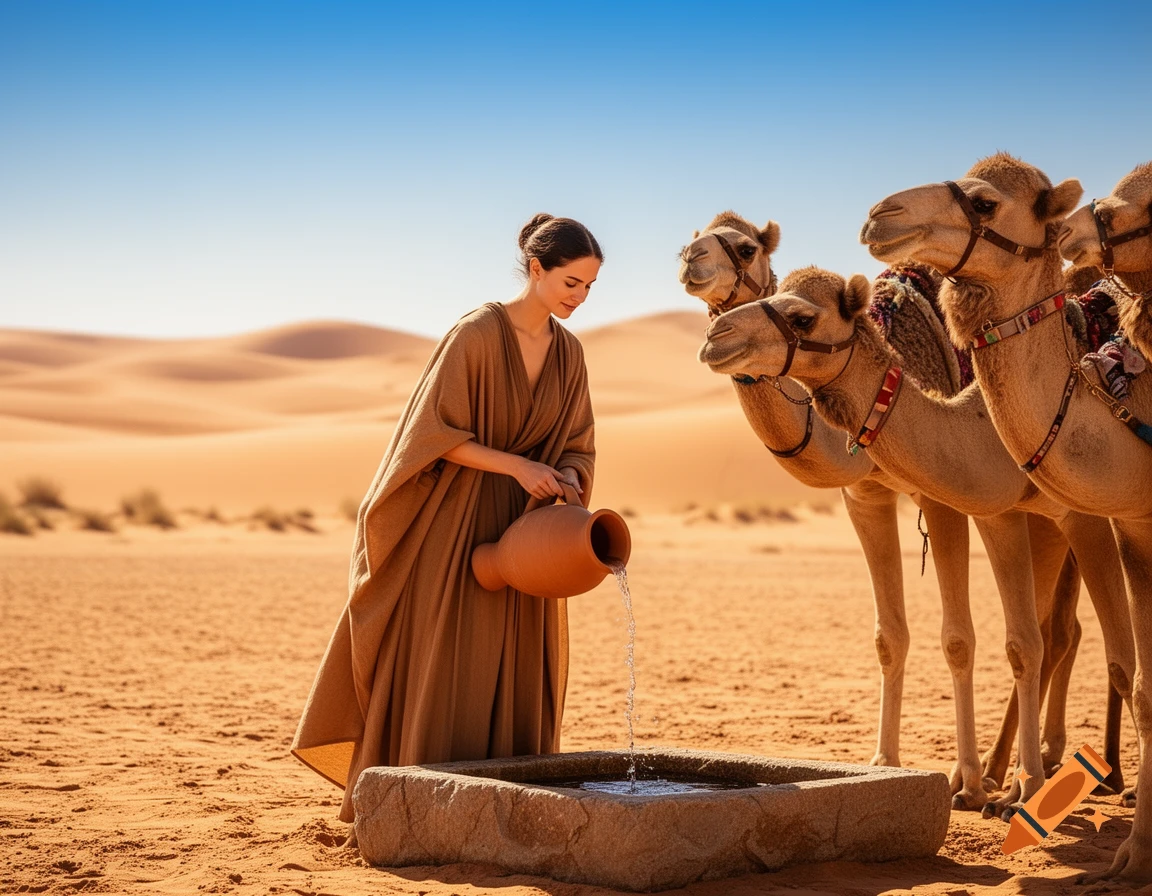 A woman in a desert pours water from a clay pitcher into a stone trough for a group of camels.
