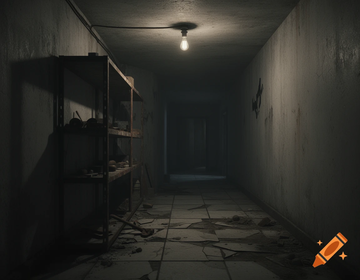 A single lightbulb illuminates a dark, dilapidated basement hallway with broken tiles, dirty walls, and metal shelving on the left.