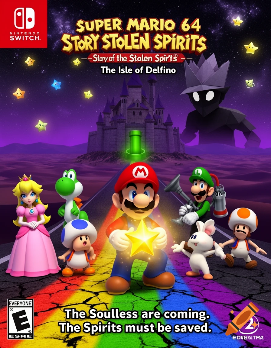 Video game box art for Super Mario 64: Story Stolen Spirits. Mario, Peach, Luigi, Yoshi, and other characters stand on a rainbow road before a castle under a starry purple sky, with a shadowy figure looming.