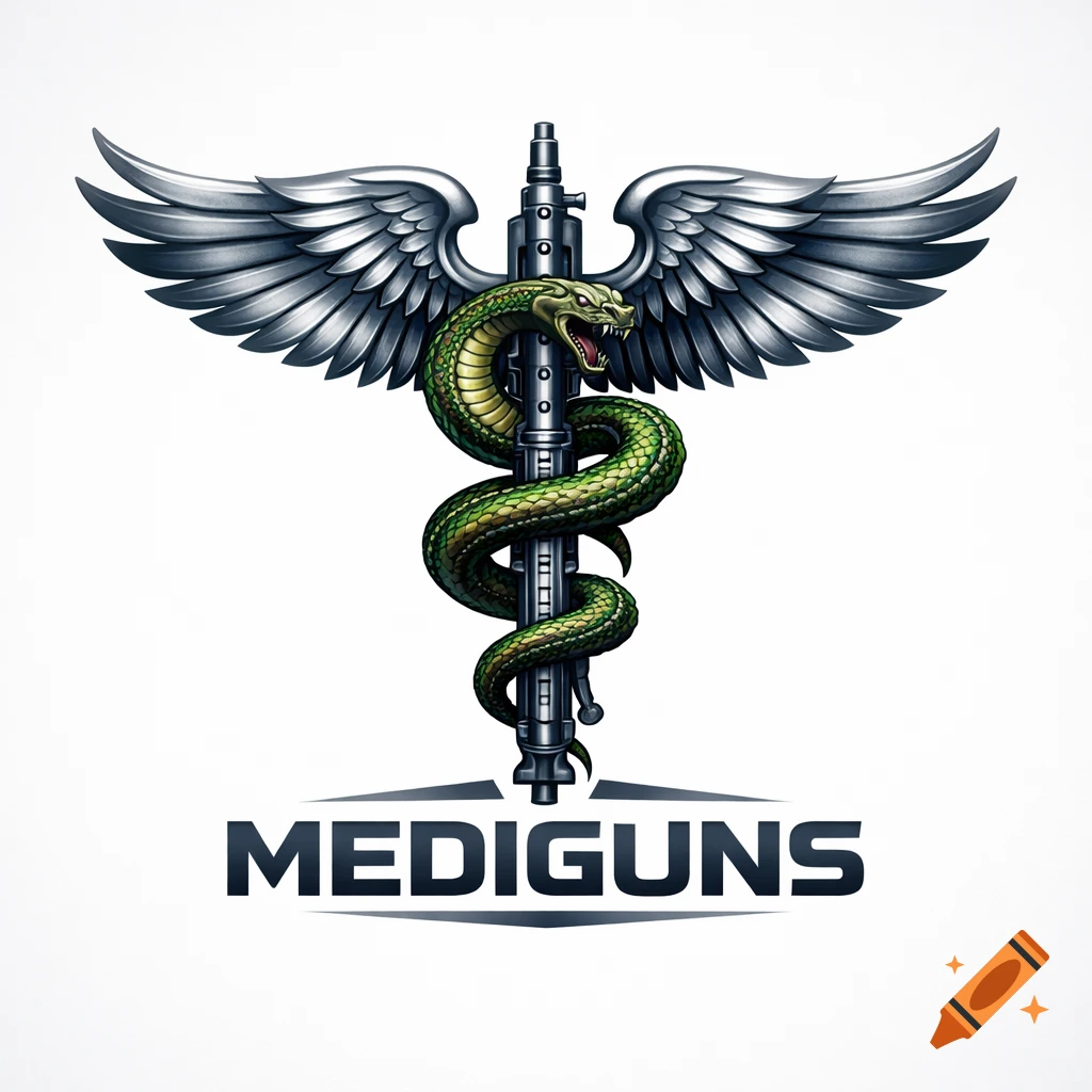 A stylized logo featuring a green cobra snake wrapped around a metallic MG 42 machine gun, flanked by large silver wings. Below the symbol, the word 'MEDIGUNS' is displayed in bold, dark letters.