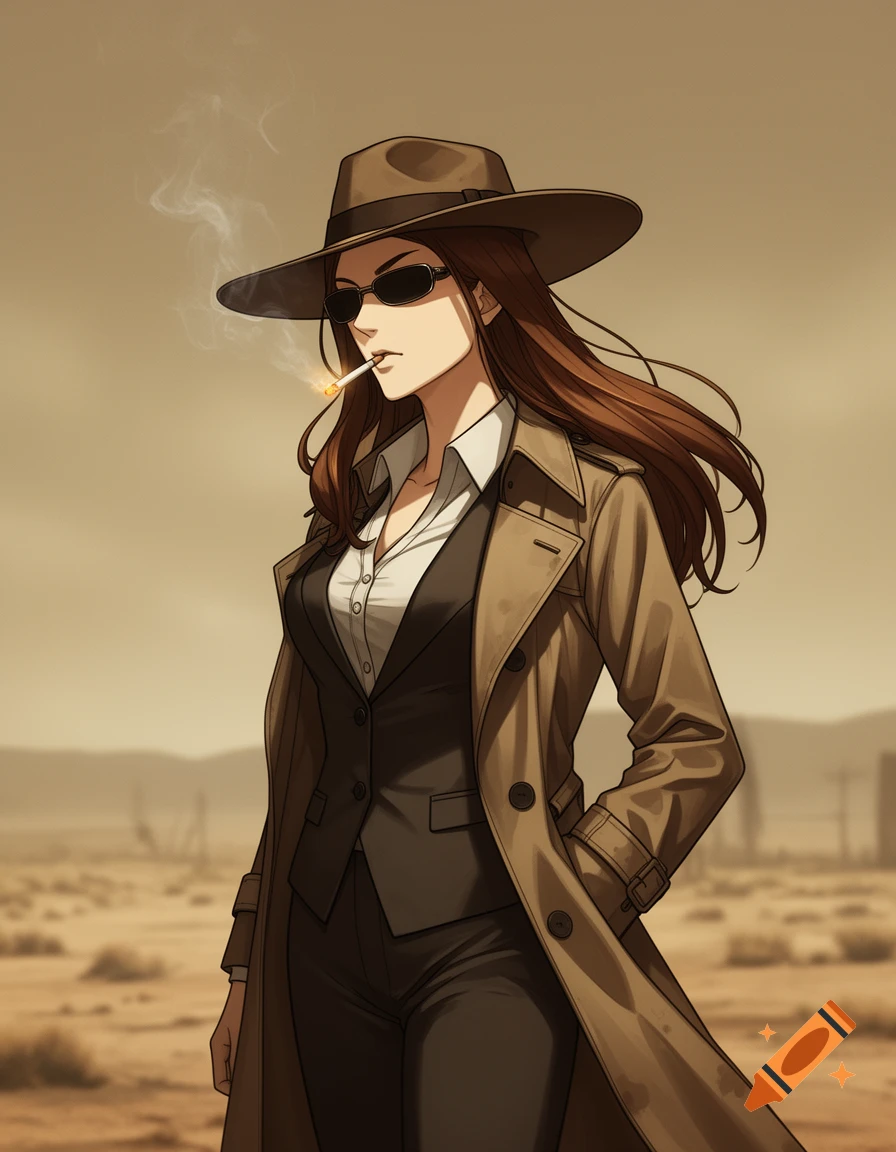 Anime-style woman in a trench coat, hat, and sunglasses smoking a cigarette in a desert landscape.