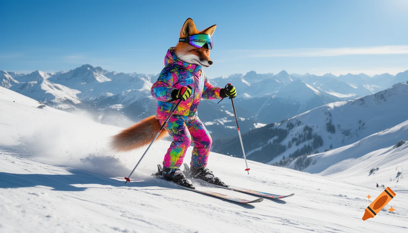 A photorealistic anthropomorphic fox in a vibrant, colorful ski suit skis down a snowy mountain slope under a blue sky.