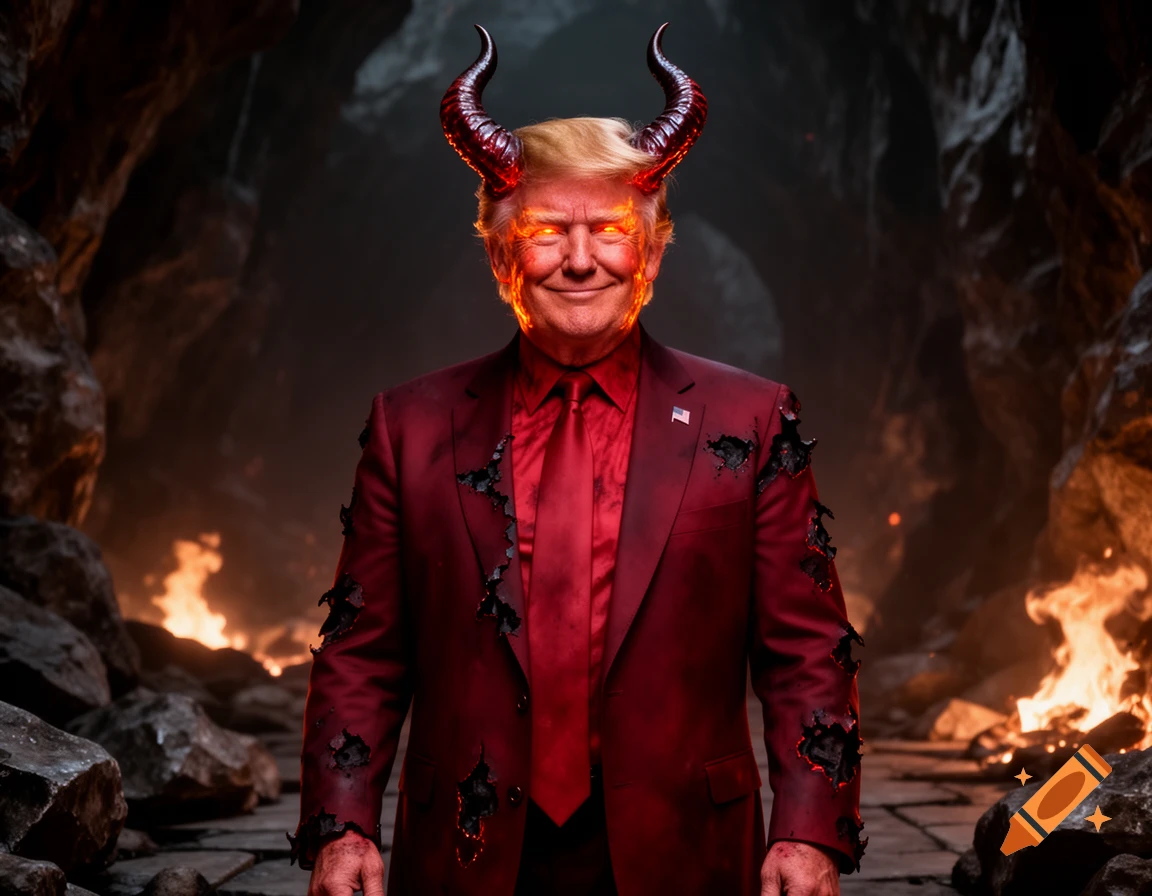 Photorealistic image of Donald Trump as Satan, with glowing eyes, red horns, and a torn red suit, standing in a fiery hellish cavern.