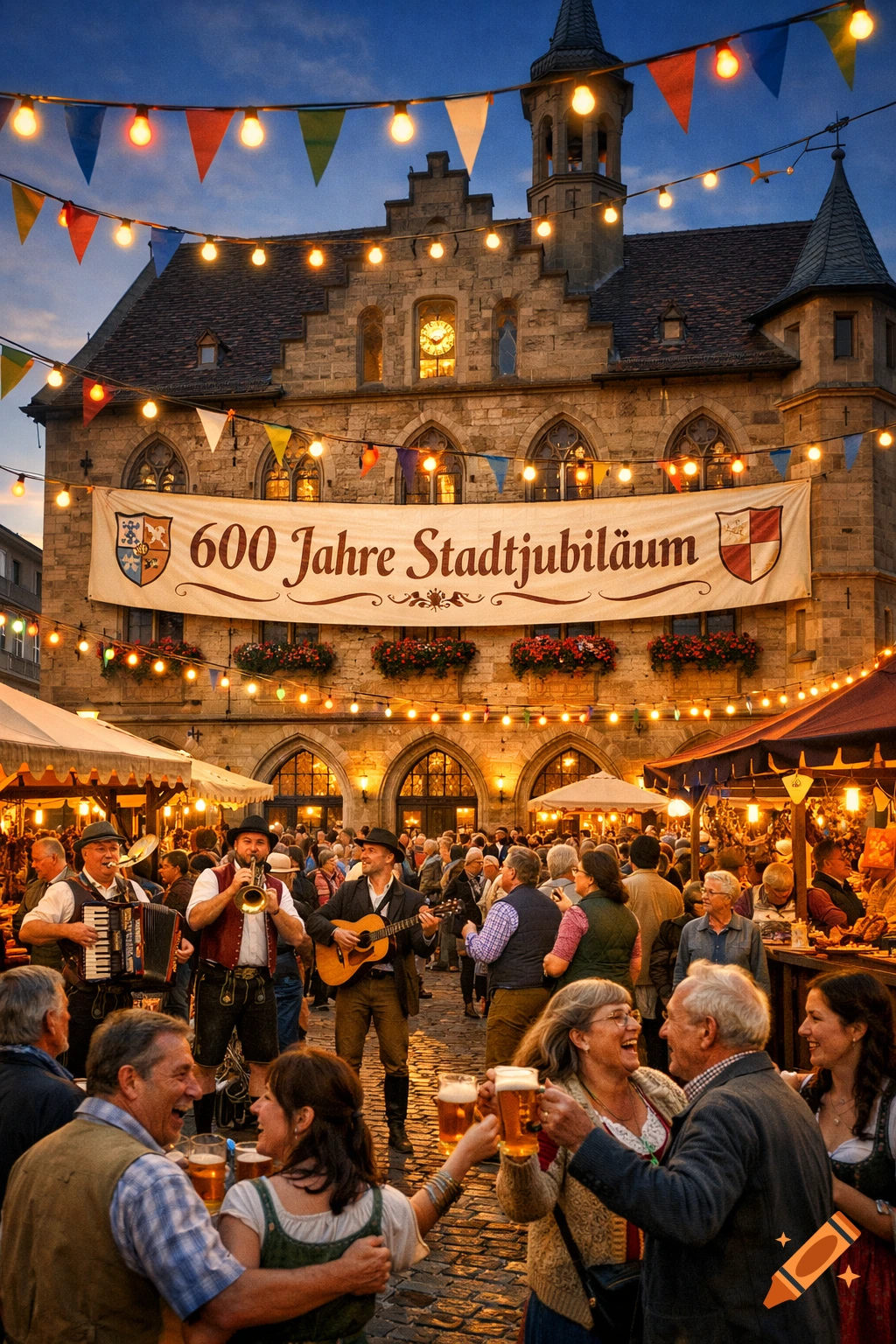A lively outdoor German festival at dusk, with people holding beer, musicians playing, and a banner on a historic stone building.