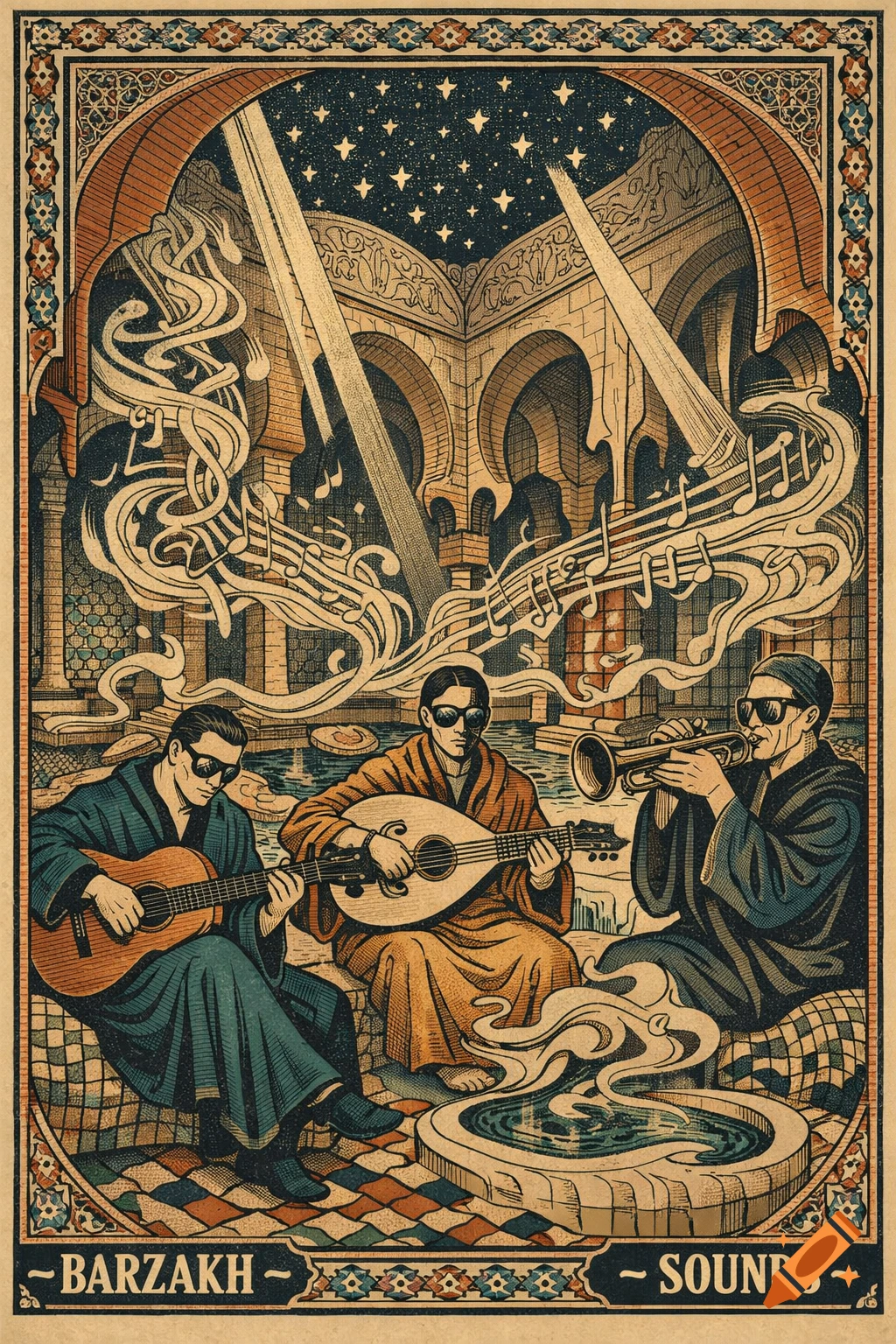 Vintage line art shows three musicians playing guitar, oud, and trumpet in a surreal Moroccan hammam under a starry sky. Text 'BARZAKH - SOUNDS'.