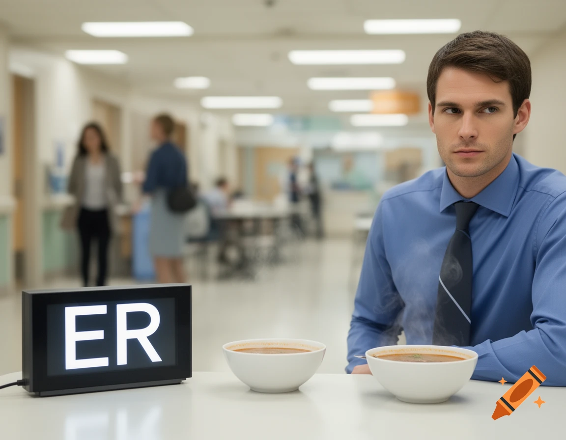 A man in a blue shirt and tie sits at a table with two bowls of soup and a glowing ER sign, in a hospital waiting room.