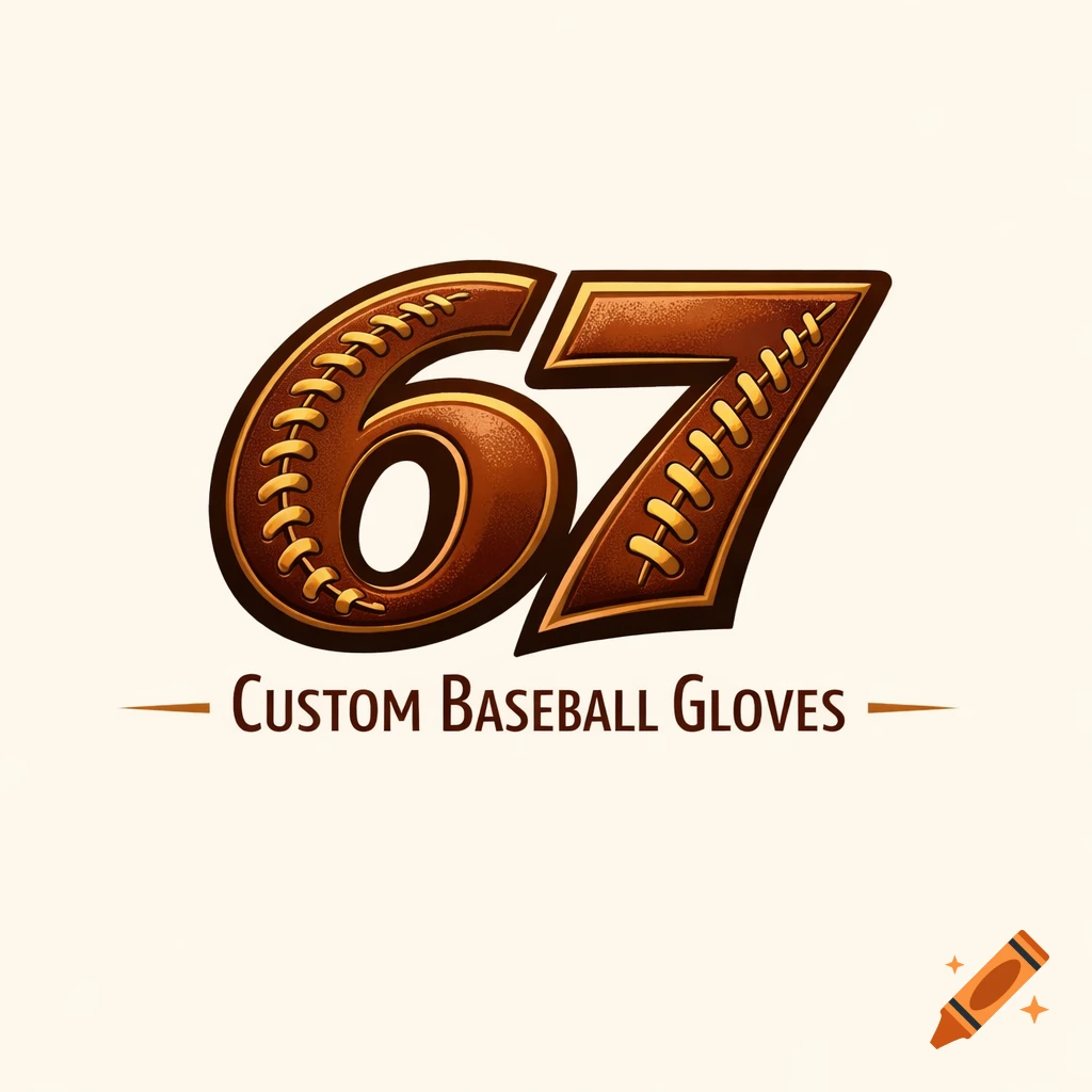 Logo for '67 Custom Baseball Gloves' featuring stylized brown leather numbers with baseball stitching.