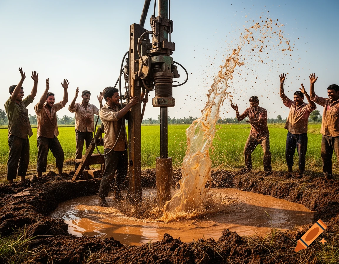 Group of men celebrate as muddy water shoots from a drill machine in a green field under a clear sky.