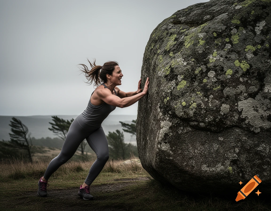 A determined woman pushes a large, moss-covered boulder outdoors under an overcast sky, in a photorealistic style.