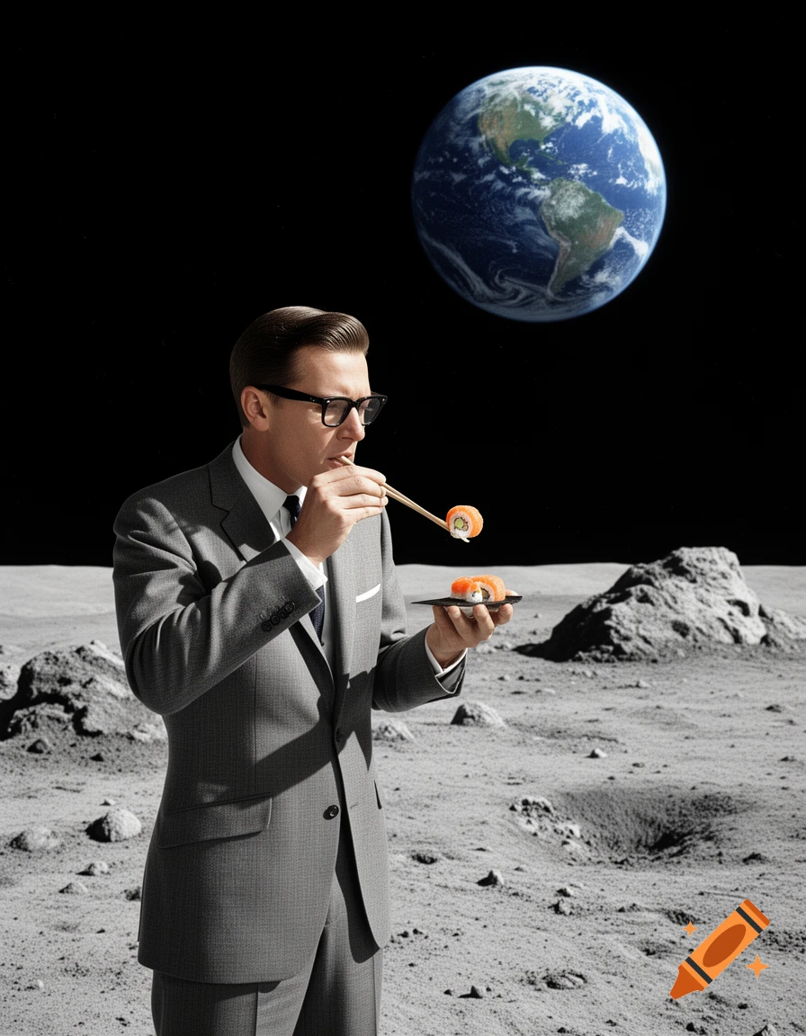 A man in a 1960s suit eats sushi on the moon's surface, with Earth visible in the background.
