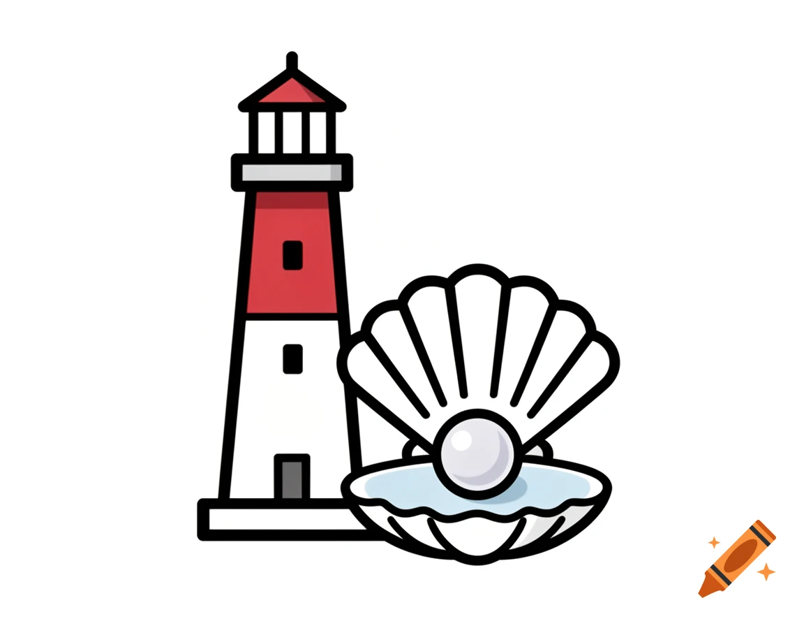 Minimalist flat vector art of a red and white lighthouse next to an open seashell with a white pearl.