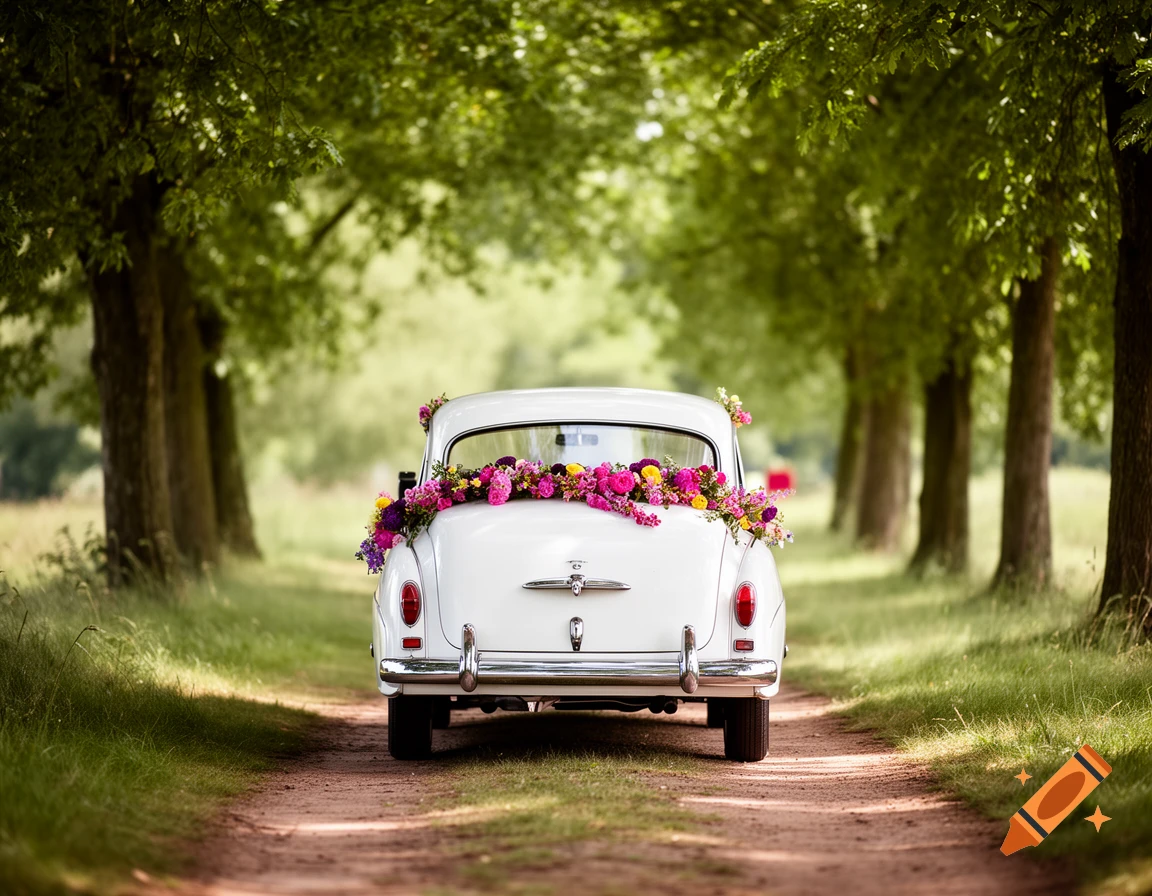 White vintage car adorned with colorful flowers on its rear, driving on a dirt road through a tunnel of green trees.