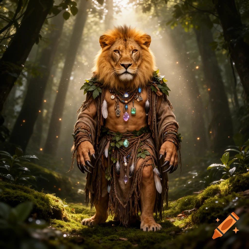 A majestic lion-headed humanoid shaman, adorned with leaves, feathers, and colorful jewels, stands in a mystical, sun-dappled forest.