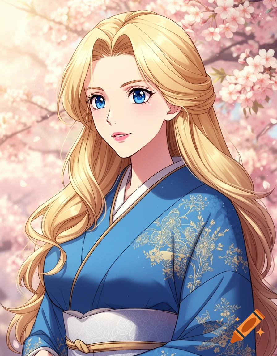 An anime-style woman with long blonde hair and blue eyes, wearing a blue kimono with gold floral patterns, stands among pink cherry blossoms.