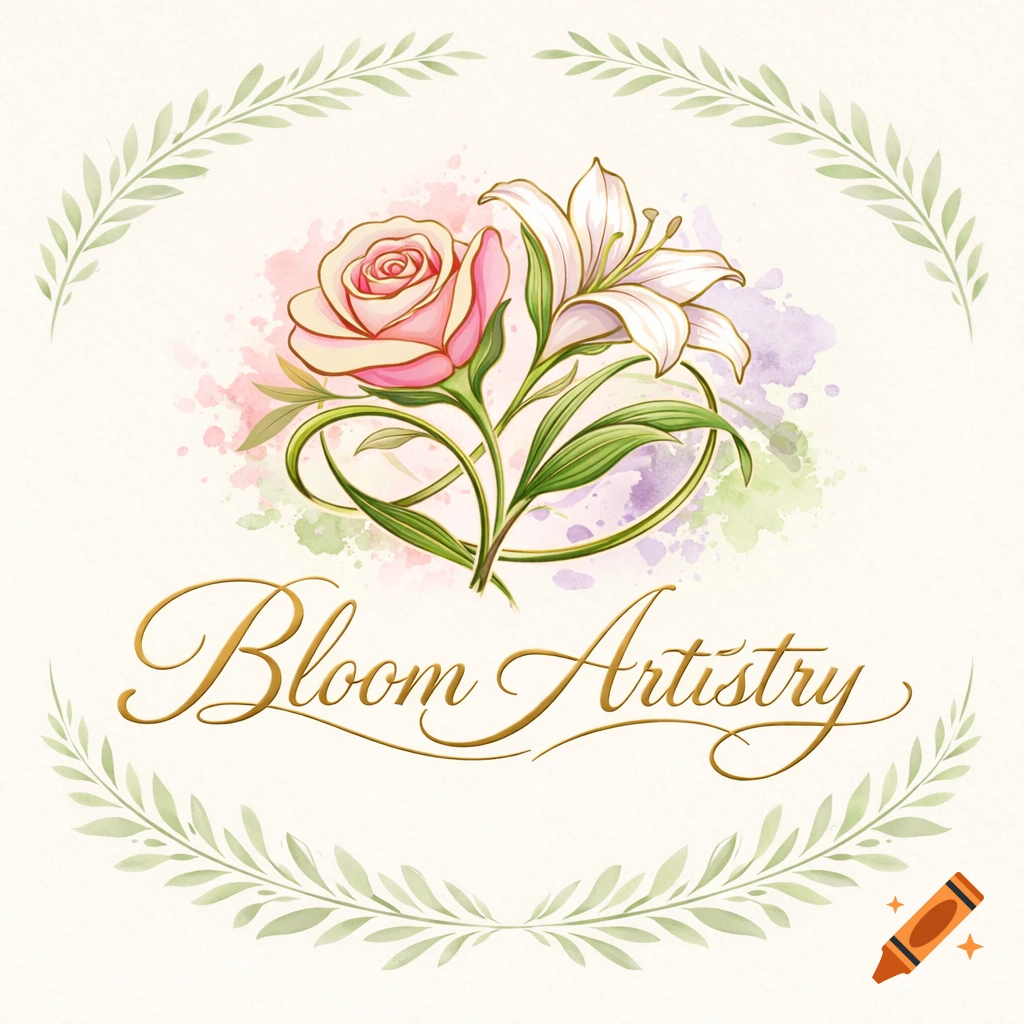Elegant watercolor-style logo for 'Bloom Artistry' featuring a pink rose and white lily with green leaves, framed by a laurel wreath.