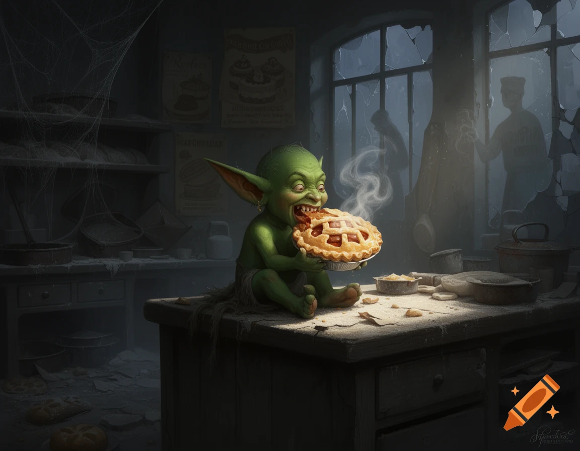 A green goblin greedily eats a steaming apple pie on a dusty table in a dark, abandoned bakery.