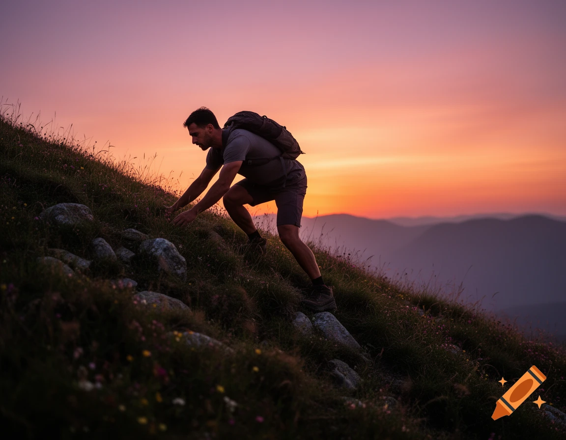 A man with a backpack climbs a grassy hill at sunset, with mountains in the background.