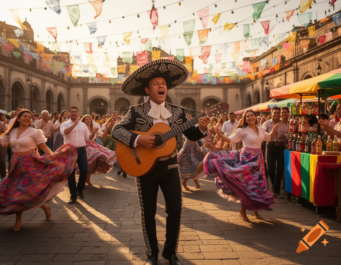 A mariachi singer in a plaza plays guitar and sings while people dance under colorful flags and sunny skies.
