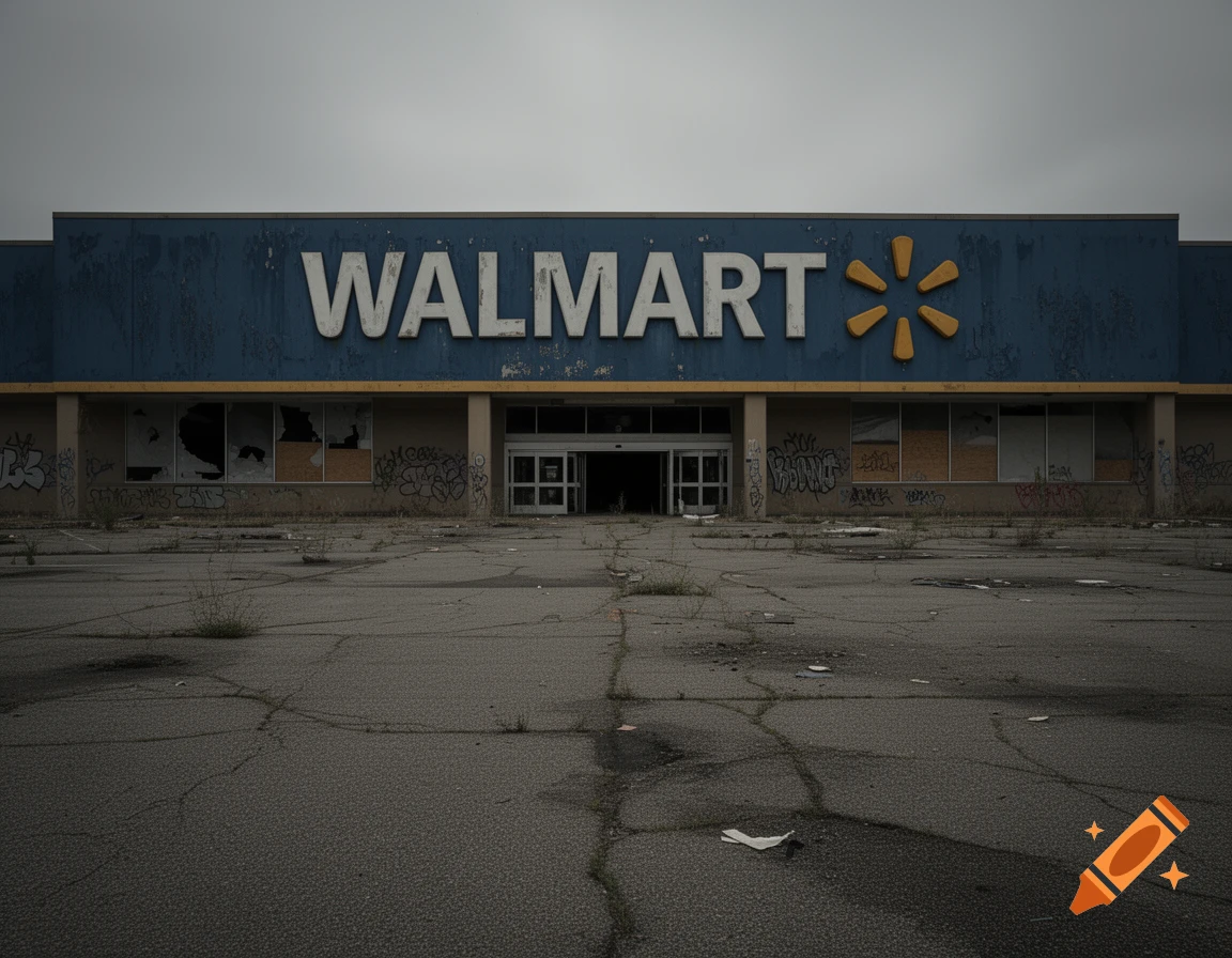 An abandoned Walmart store with a faded blue facade, broken windows, graffiti, and a cracked, overgrown parking lot under a gloomy sky.