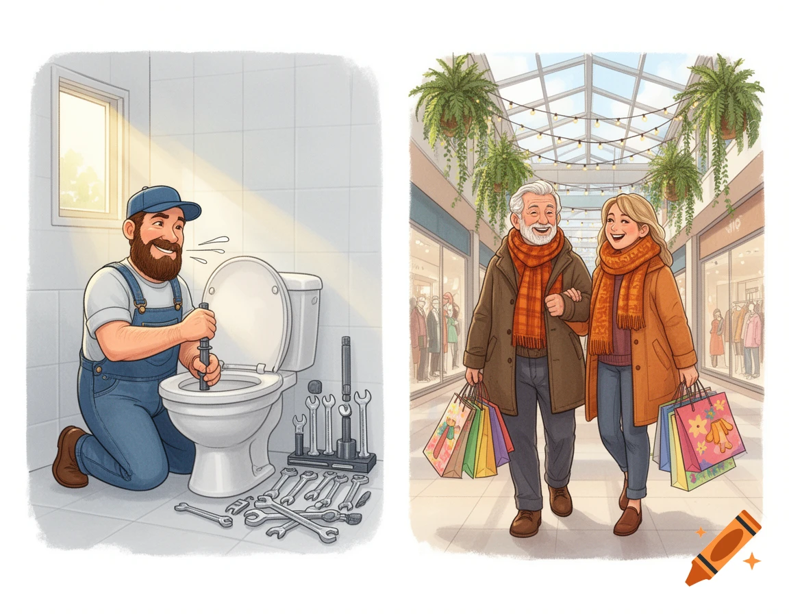 A cartoon illustration showing a bearded plumber fixing a toilet and an older man with a younger woman walking through a mall with shopping bags.
