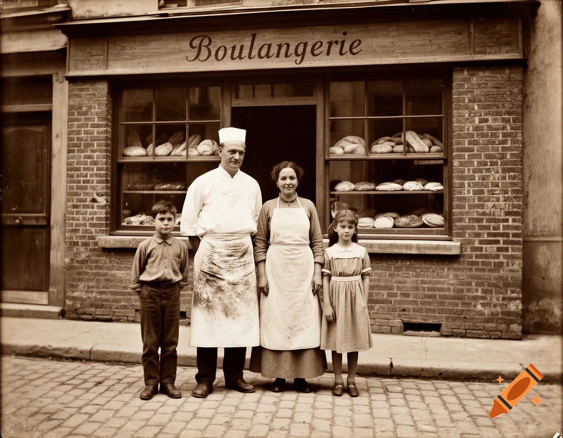 A sepia-toned vintage photo of a baker's family, a man, woman, and two children, standing in front of their 'Boulangerie' shop.
