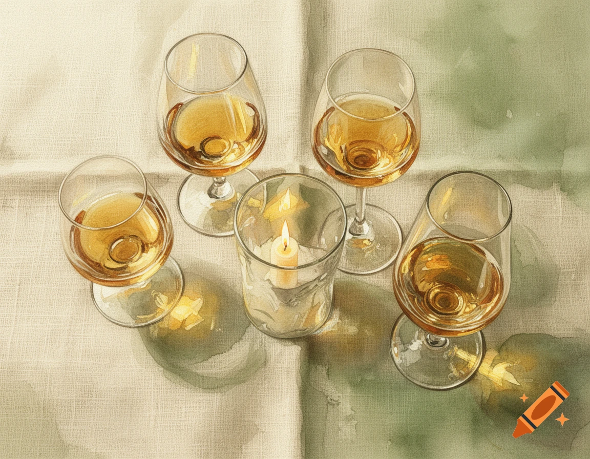 Watercolor painting of five glasses with golden liquid and a lit candle on a warm linen tablecloth.