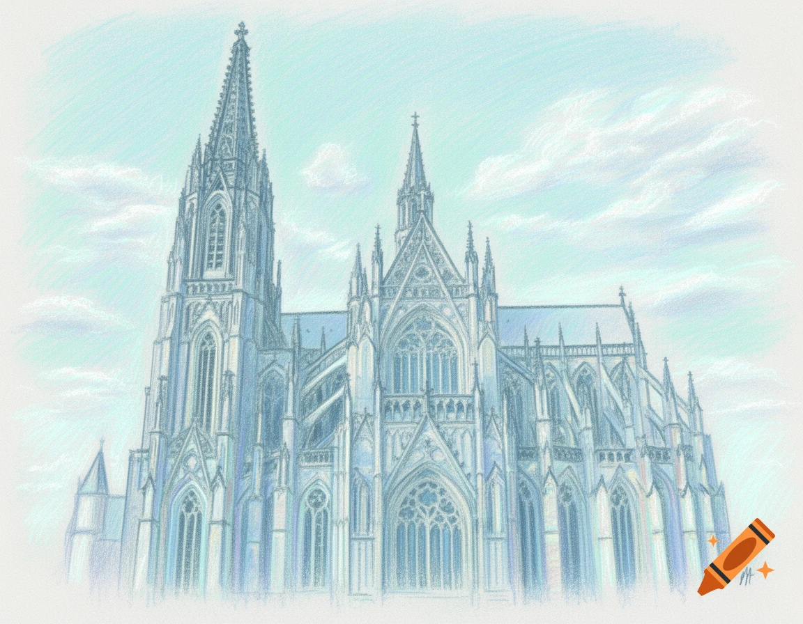 Pastel crayon drawing of a large Gothic cathedral with two prominent spires, rendered in light blue and turquoise tones under a cloudy sky.