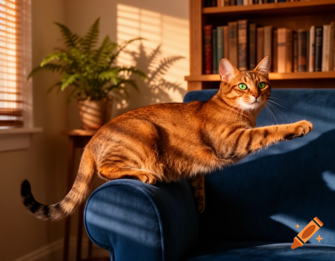 A photorealistic image of an orange tabby cat with green eyes lounging on a blue sofa in a sunlit room with a bookshelf and a plant.