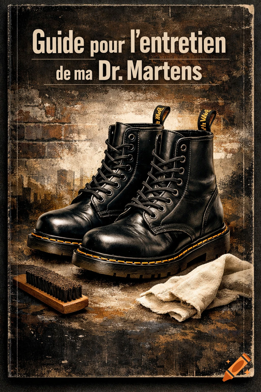 A pair of black Dr. Martens boots, cleaning brush, and cloth on a rustic background, with text 'Guide pour l'entretien de ma Dr. Martens'.