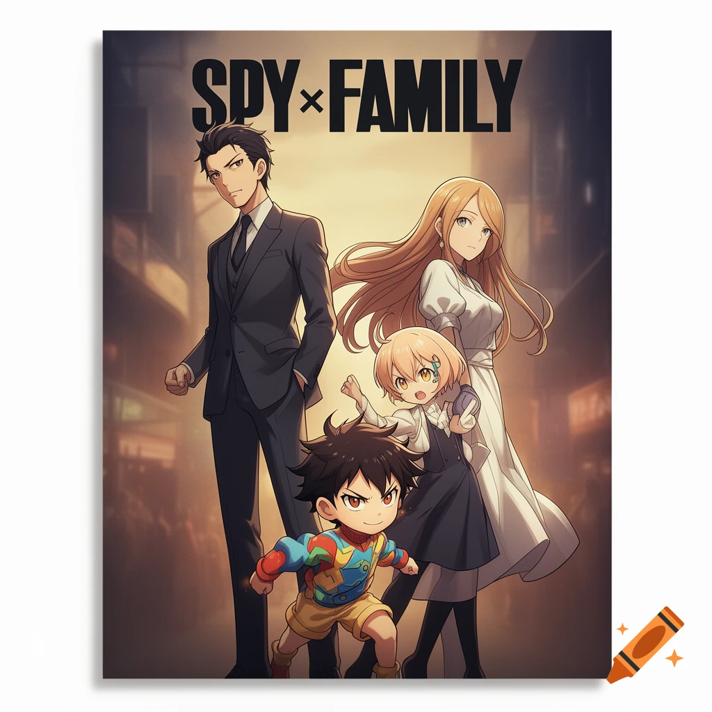 Anime poster featuring a man in a suit, a woman in a white dress, and two children standing together. The text "SPY x FAMILY" is at the top.