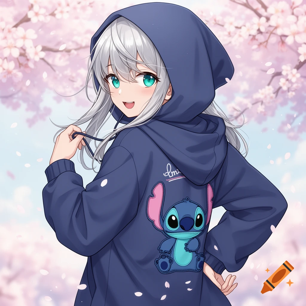 An anime girl with white hair and green eyes wears a blue Stitch hoodie, smiling in a cherry blossom setting.