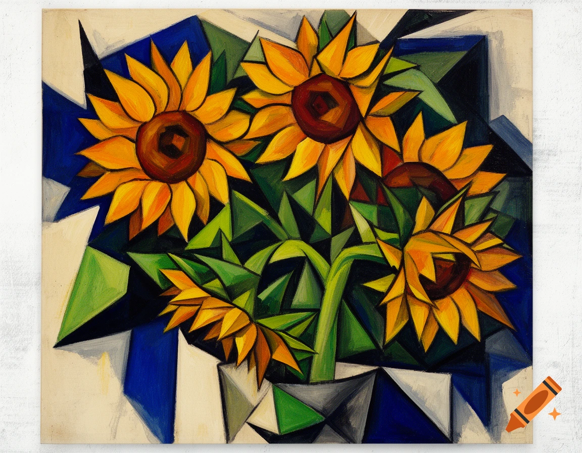 Cubist painting of sunflowers in a vase, featuring geometric shapes and vibrant yellow, orange, green, and blue colors.