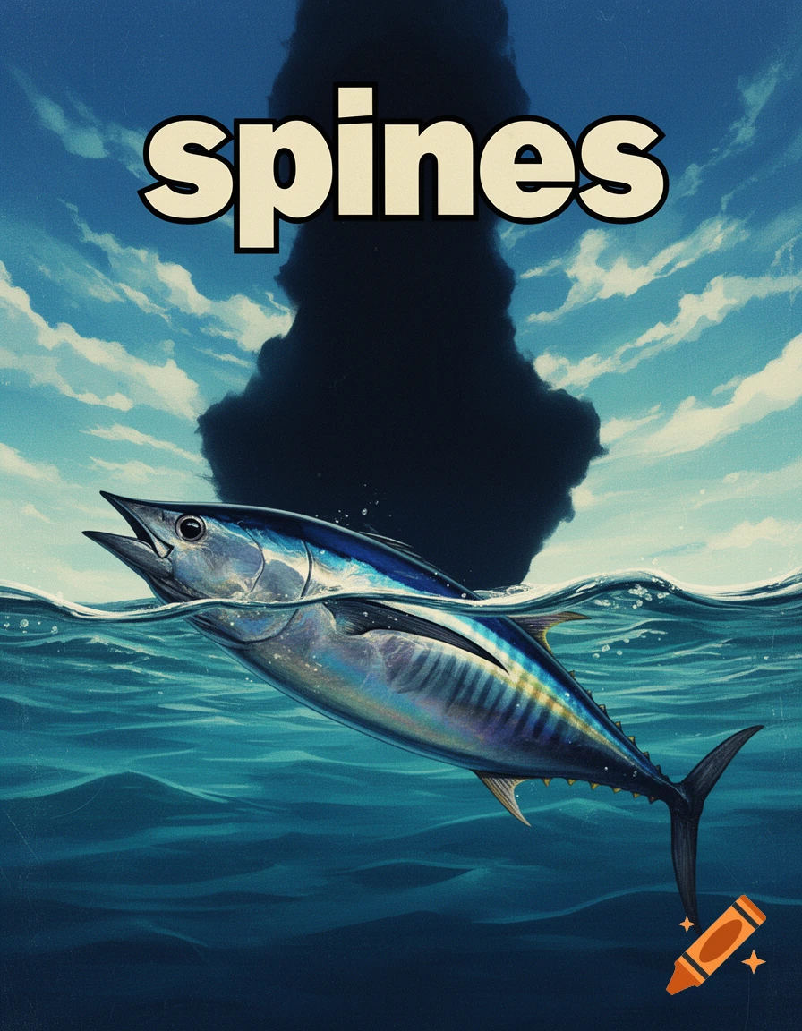 A dramatic movie poster for 'spines' featuring a tuna fish leaping from the ocean beneath a large, dark cloud.