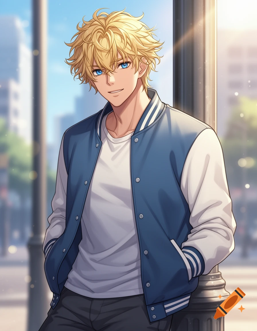 Anime-style man with blonde hair and blue eyes, wearing a blue and white varsity jacket, leaning on a pole on a city street.