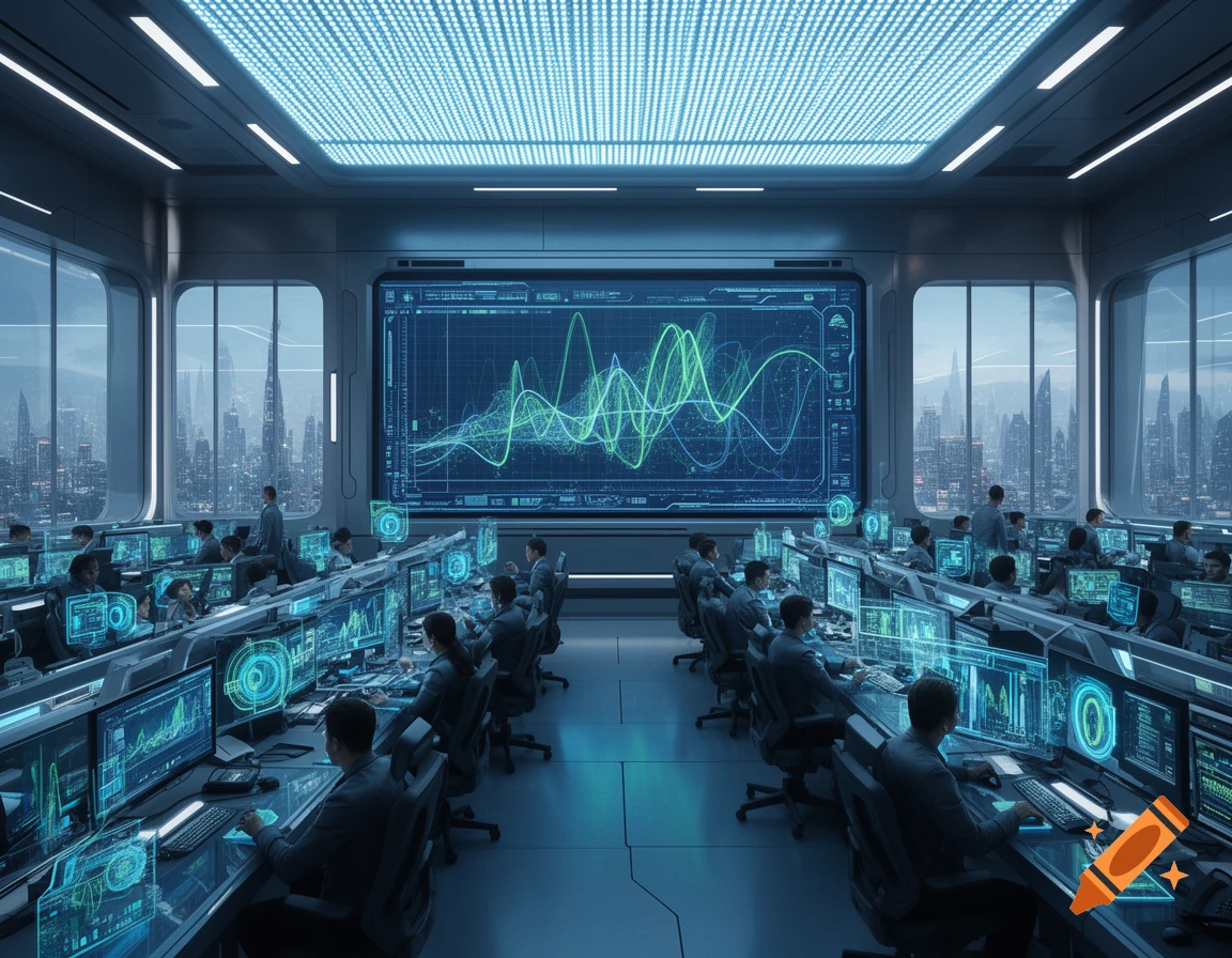 A futuristic control room filled with workers at computer stations, displaying glowing blue data screens and a large central monitor with green wave patterns, overlooking a city skyline.