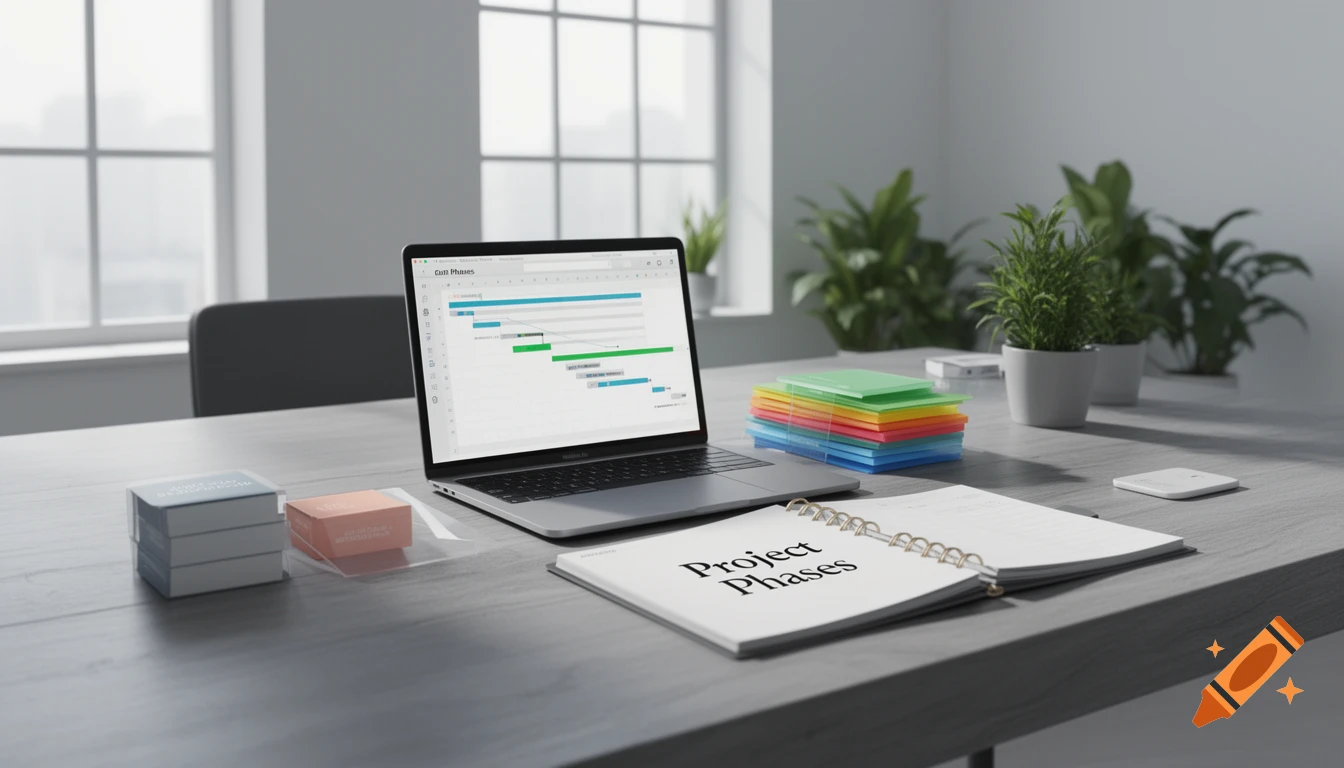 A photorealistic office desk with a laptop showing a Gantt chart, an open notebook titled "Project Phases", colorful paper stacks, and plants.