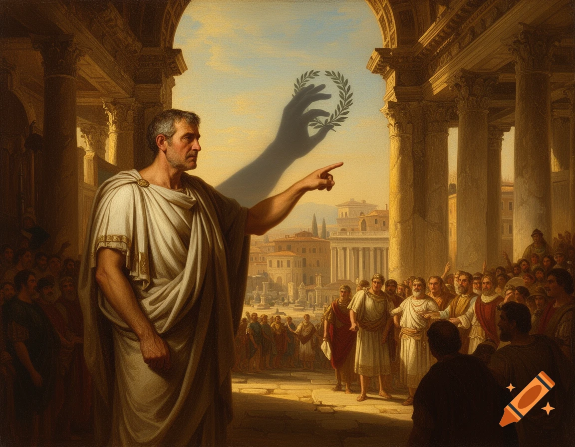 Oil painting of a stern Roman senator in a toga, pointing, while his shadow reaches for a laurel wreath in the Forum.